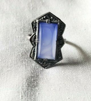 Gorgeous Vintage Art Deco Sterling Blue Stone Ring With Marcasite - Size 7
