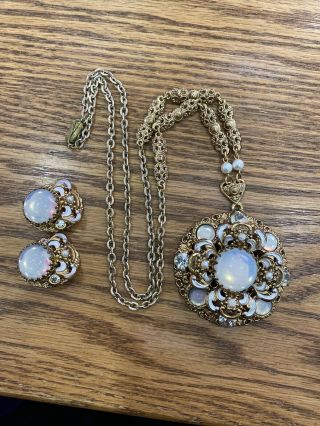 Vintage West Germany Gold Tone Glass & Rhinestone Necklace And Earrings