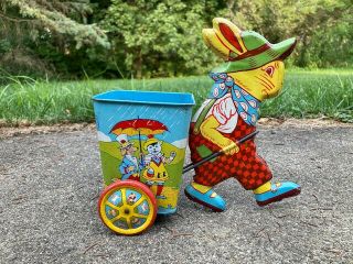Vintage Bunny Rabbit Pulling Cart Tin Litho Toy (1950s,  J Chein)
