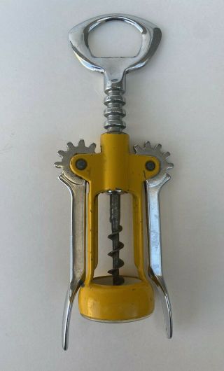 Vintage Winged Corkscrew With Bottle Opener Chrome & Yellow Made In Italy