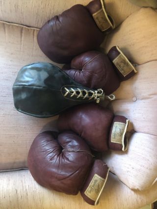 Vintage 2 Pair Gold Smith Boxing Gloves And Speed Bag