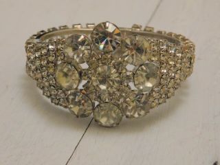 Stunning Estate Vintage Hinged Clamper Bangle Bracelet Clear Glass Rhinestones