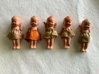 Set Of 5 Vintage Kewpie Miniature Dolls 3 " With Fixed Legs And Made In Japan.