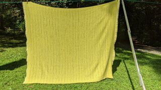 Vintage Waffle Weave Thermal Blanket Yellow Nylon Satin Trim Queen 84 X 72