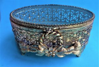 Vintage Beveled Glass Filigree Ormolu Jewelry Box 6” X 4” Oval