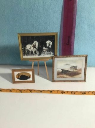 Vintage Doll House Miniature Wooden Easel With 4 Pictures