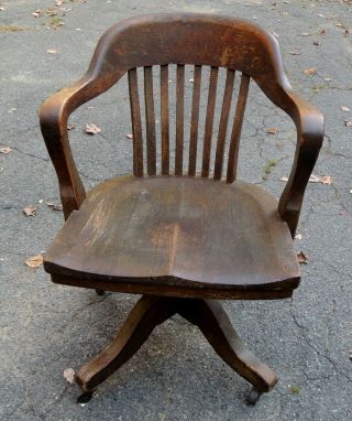 Vintage Oak Swivel Banker Arm - Chair Office Industrial Desk Chair
