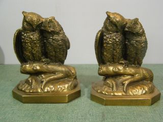 Vintage Heavy Brass " Love Bird Owls " Bookends Philadelphia Mfg Co.