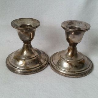 Vintage Signed M R Set Of 2 Sterling Silver Weighted Candle Holders 3.  5 " Tall