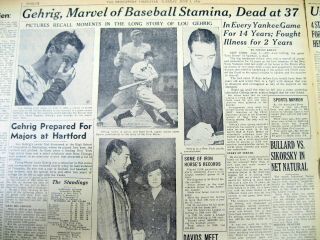 1941 Newspaper York Yankees Baseball Star Lou Gehrig Dead - With Many Photos