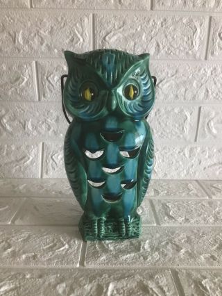 Vintage Ceramic Owl Candle Lantern Blue Green W/yellow Marble Cat’s Eyes 10 " H