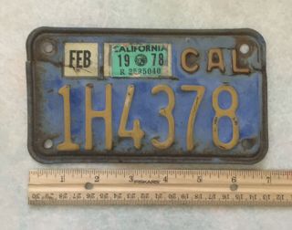 California Vintage Motorcycle Blue/yellow License Plate 1h4378 Feb 1978 Stickers