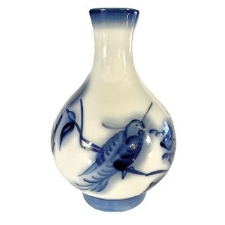Vintage Flow Blue Hummingbird 6 1/2” Russian Pottery Vase Lomonosov Cobalt Blue