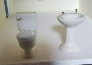 1:12 Scale Dollhouse Porcelain Bathroom Sink And Toilet