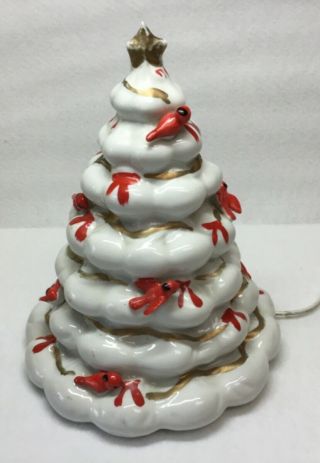 Vtg White Ceramic Christmas Tree Light Lamp With Red Birds 1960’s Handpainted