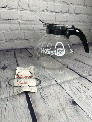Vintage Glass Kettle Gemco The Whistler 8 Cup Black Whistling Usa Trivet