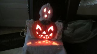 Vintage Halloween Ceramic Ghost & Jack O Lantern Pumpkin Lighted Decor 10.  5 "