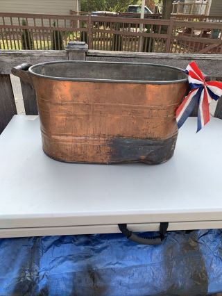 Antique Vintage Copper Wash Tub Boiler Moonshine Planter Storage Wood Handles