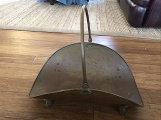 Vintage Folded Brass Copper Fireplace Log Wood Holder Lion Claw Feet 22x10 Great