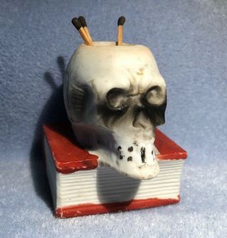 Vintage Japan Porcelain Bisque Halloween Skeleton Skull & Book Match Holder