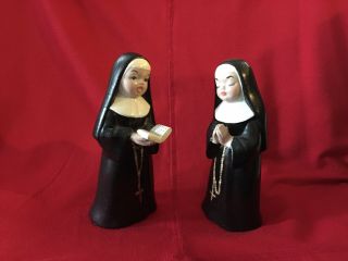 Two Catholic Nuns Vintage Handpainted Ceramic Figurines