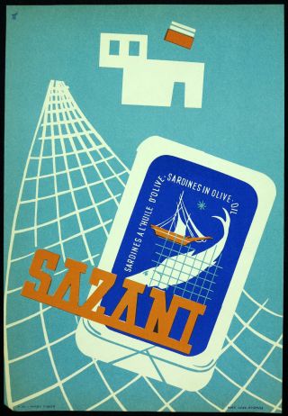 Vtg Orig,  Advertising Poster Sazani Sardines In Olive Sardinia