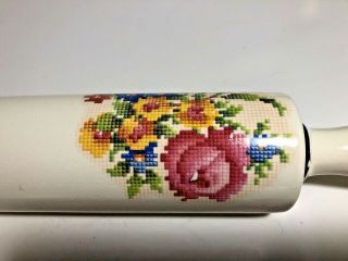 Vintage Ceramic Rolling Pin Ivory White Country Floral & Silver Trim