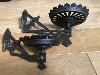 2 Vintage Ornate Victorian Cast Iron Oil Lamp Holders Wall Sconce Swing Arm