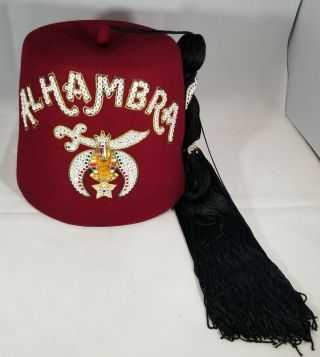 Vintage Alhambra Shriners Bejeweled Fez Hat With Case Chatt.  Size 7 1/8