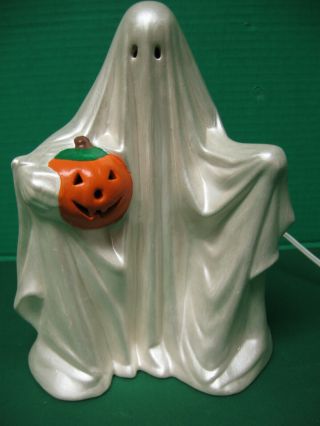 Vintage Byron Lighted Ceramic Ghost With Pumpkin