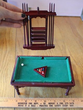 Dollhouse Miniature Mahogany Pool Table Set With Cue Rack & Pool Balls Billiards