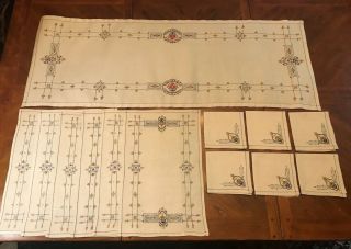Set Vintage Embroidered European Table Linens - 1 Runner,  8 Placemats,  8 Napkins