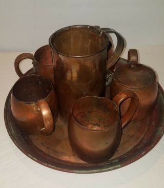 Vintage West Bend Aluminum Co.  Solid Copper Moscow Mule Mug Set With Tray