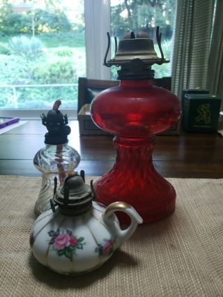 2 Vintage P&a Glass Oil Lamps And 1 Vintage Miniature Oil Lamp W/gold Trim (3)