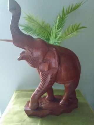 Vintage Hand - Carved Teak Wood Elephant With Trunk Up Thailand
