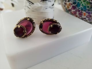 Vintage Rare Signed Crown Trifari Alfred Philippe Purple Cabochon Earrings
