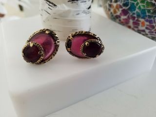Vintage rare signed CROWN TRIFARI Alfred Philippe purple cabochon earrings 2