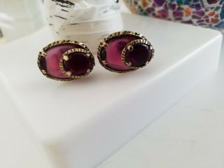 Vintage rare signed CROWN TRIFARI Alfred Philippe purple cabochon earrings 3