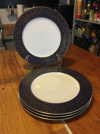 Set Of 4 Vintage Sango Aristocrat 3690 10 1/2” Cobalt Blue & Gold Plates.  Euc