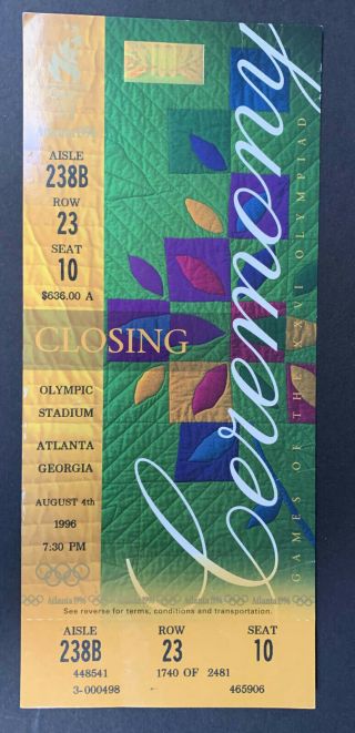 1996 Atlanta Summer Olympic Games Closing Ceremony Ticket