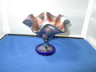 Vintage Fenton Blue Peacock Tail Carnival Glass Ruffled Pedestal Compote Candy