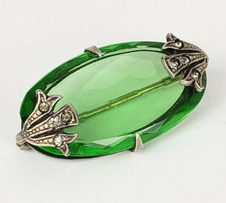 Vintage Art Deco Sterling & Green Glass Brooch Pin