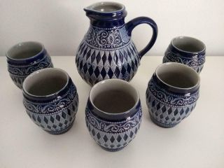 Vintage Westerwalder Wertarbeit Stoneware Blue Pitcher & 5 Cups