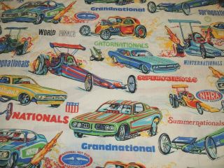 Vtg 70s NHRA Drag Race Bed Blanket Car Racing Sears Nationals 68x88 NASCAR AUTO 2