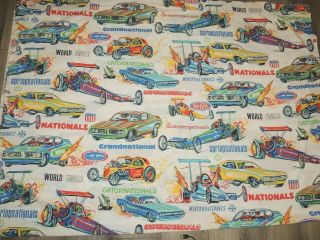 Vtg 70s NHRA Drag Race Bed Blanket Car Racing Sears Nationals 68x88 NASCAR AUTO 3