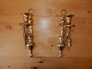Vintage Pair Solid Brass Hollywood Regency Wall Sconces W Rope & Tassel Accents