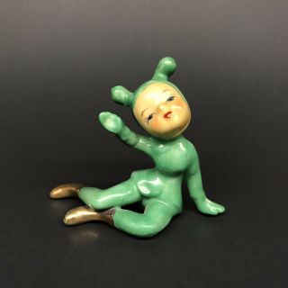 Vintage Japan Girl Pixie Elf Alien Martian Ceramic Figurine Gold Boots Green Htf
