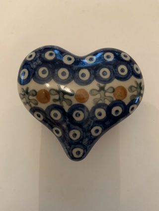 Vintage Polish Pottery Heart Shaped Trinket Box.  Hand Painted.