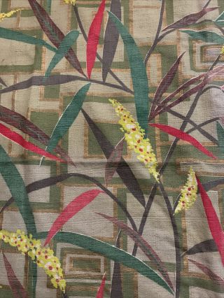 Vintage Bark Cloth Fabric Curtain Panel Floral Gray Green Red Gold Rare 2