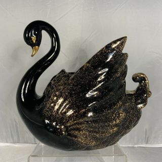 Vintage Ceramic Planter Wall Pocket Swan Bird Black Gold Regal Mid Century Birds